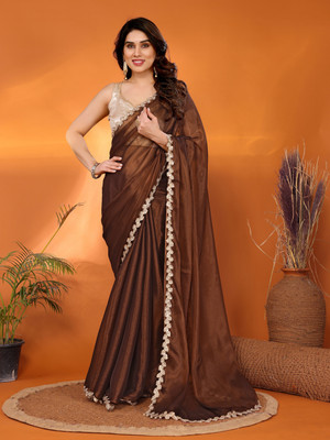 yourwish Solid/Plain Bollywood Jimmy choo Saree(Brown)
