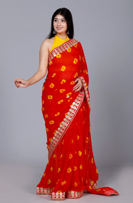 RGF Color Block, Hand Painted, Dyed, Blocked Printed, Self Design Bandhani Chiffon Saree(Red)