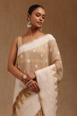 soch Woven Saree with Attached Blouse Chanderi Saree(Beige)