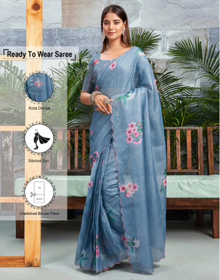 Satrani Floral Print, Embroidered Kota Doria Silk Blend Saree(Blue, Multicolor)