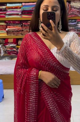 Nepyun Collection Solid/Plain, Self Design Bollywood Georgette Saree(Red)