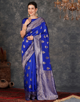 Samah Woven, Embellished, Self Design Banarasi Silk Blend, Jacquard Saree(Dark Blue, Silver)