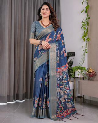 KB TEX Floral Print, Paisley, Printed, Woven Madhubani Linen Saree(Mustard)