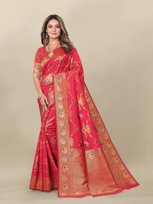 Hinayat Fashion Self Design, Printed, Embroidered, Embellished, Woven Kanjivaram Cotton Silk, Silk Blend Saree(Pink)