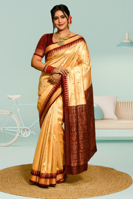 Afronza Printed Sambalpuri Silk Blend, Pure Silk Saree(Cream, Brown)