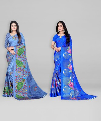 Leelavati Printed Daily Wear Crepe Saree(Pack of 2, Light Blue, Blue)