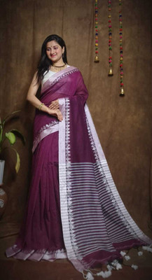 Anidipta collection Self Design Handloom Cotton Blend Saree(Purple)