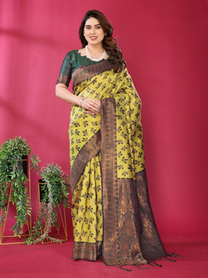 VASTUKALA Woven Kanjivaram Pure Silk, Art Silk Saree(Yellow, Green)