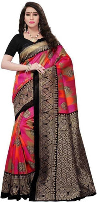Grubstaker Woven Bollywood Silk Blend Saree(Black, Pink)