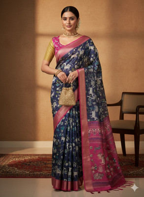 LOHEE Digital Print, Animal Print, Floral Print, Woven Kalamkari Silk Blend Saree(Maroon, Dark Green)