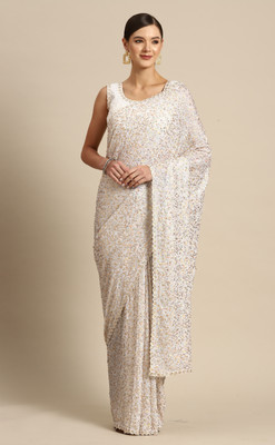 DIVINE INTERNATIONAL TRADING CO Embellished, Embroidered Bollywood Georgette Saree(White)