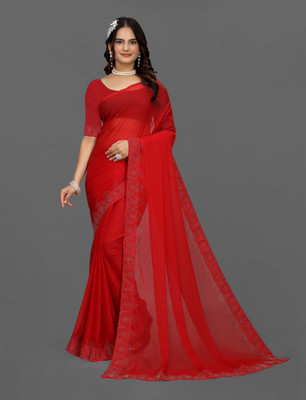 DHRAM CREATION Solid/Plain, Dyed, Embellished, Woven Bollywood Georgette Saree(Red)