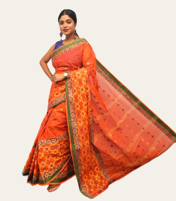 Sayak Creation Woven Tant Handloom Cotton Blend Saree(Orange)