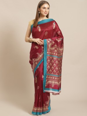 VCREATION Printed Assam Silk Art Silk Saree(Red)