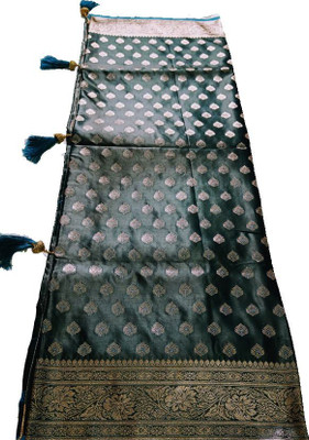THE BULL Embroidered, Woven Jamdani Cotton Blend Saree(Dark Blue, Gold)