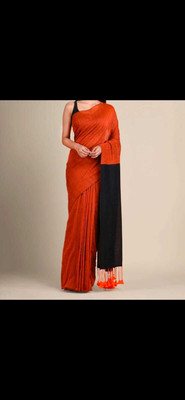 Tantikatha Solid/Plain, Self Design Handloom Pure Cotton Saree(Orange, Black)