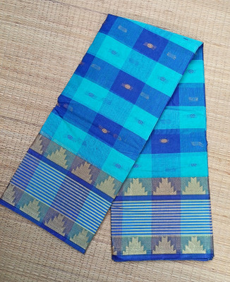PRANATI ENTERPRISE Checkered, Temple Border Tant Cotton Blend Saree(Light Blue, Dark Blue)