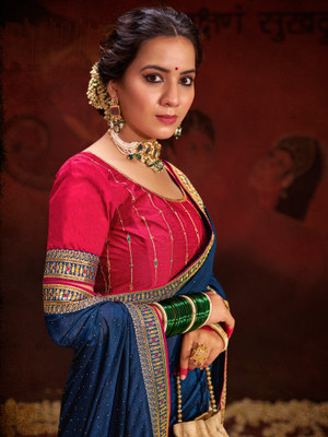 Sareemall Embellished Bollywood Silk Blend Saree(Dark Blue)