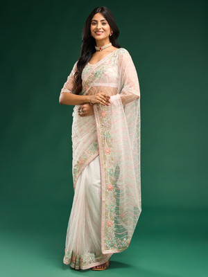 V And V Shop Embroidered Bollywood Net Saree(Cream)