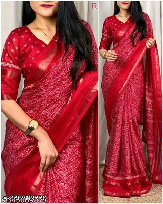 Sitanjali Floral Print Chanderi Cotton Blend Saree(Red)