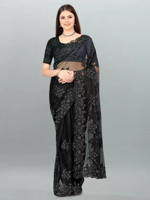 LADY SHOPI Embroidered Bollywood Net Saree(Black)