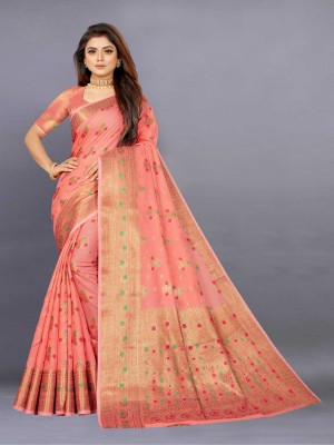 JUMSA Printed, Self Design, Woven, Floral Print Chanderi Jacquard, Cotton Silk Saree(Orange)