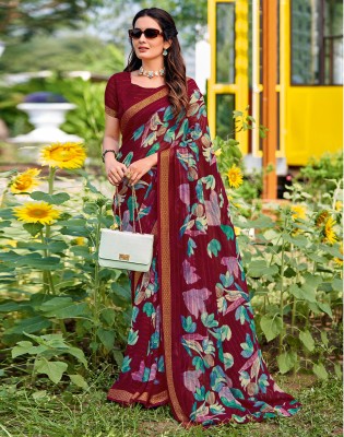 Satrani Floral Print, Embellished, Striped, Self Design Daily Wear Georgette Saree(Maroon, Multicolor)