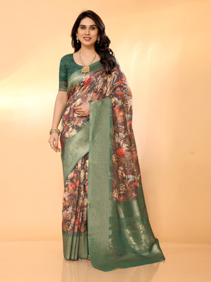 Moda Rapido Digital Print Banarasi Cotton Silk Saree(Brown)