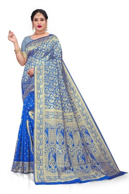 VEERUNA CLOTHES Woven Banarasi Jacquard Saree(Dark Blue)