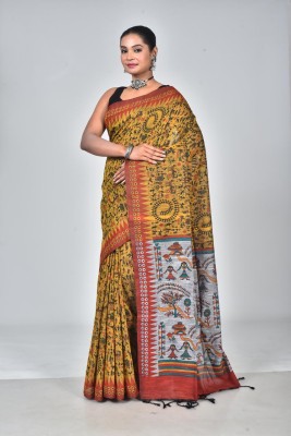 Dixon Self Design, Printed Madhubani Pure Cotton Saree(Yellow)