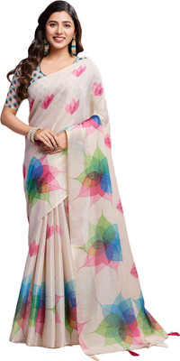 SHRIMAY Floral Print Bollywood Net, Organza Saree(Multicolor, Beige)