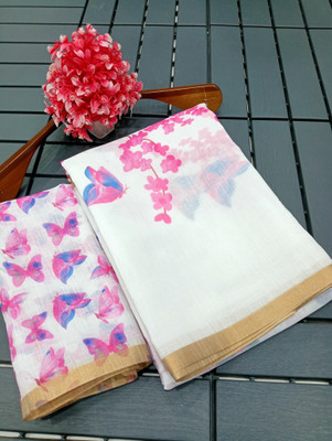 Mervadiya Printed Kanjivaram Pure Cotton, Cotton Linen Saree(White, Pink)