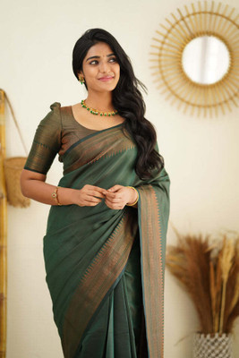 K SALIYA ENTERPRISE Solid/Plain Kanjivaram Pure Silk Saree(Green)