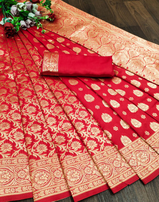 Samah Self Design, Woven, Embellished Banarasi Jacquard, Pure Silk Saree(Red, Gold)