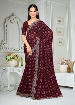 LADALI Animal Print Bandhani Georgette Saree(Maroon)
