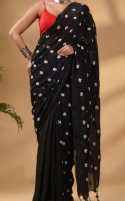 Rajat Embroidered Handloom Cotton Blend Saree(Black)