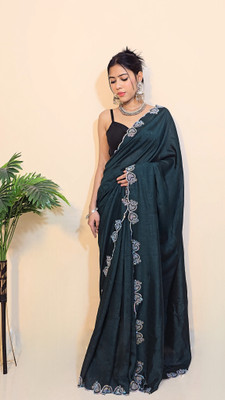 Stylee Couture Embellished, Solid/Plain Bollywood Cotton Silk Saree(Green)