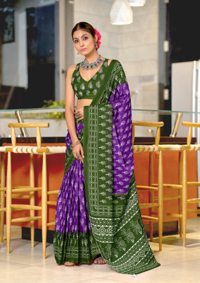 Divastri Blocked Printed, Printed Chanderi Cotton Blend Saree(Purple)