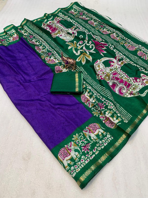 2SD gratitude Printed Kalamkari Cotton Linen, Dupion Silk Saree(Purple)