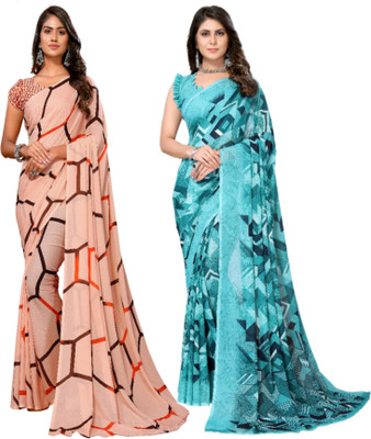 YASHIKA Printed Daily Wear Georgette Saree(Pack of 2, Brown, Blue)