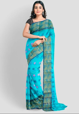CommonofHouse Self Design Tant Pure Cotton Saree(Light Green)