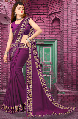 Offirra International Embroidered Banarasi Lycra Blend, Chiffon Saree(Purple)
