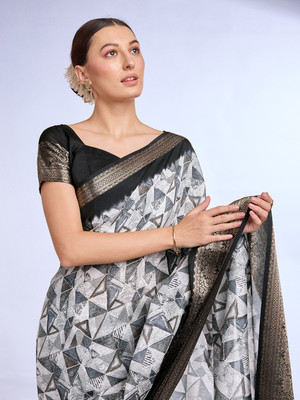 Tasrika Embellished, Floral Print Banarasi Tussar Silk Saree(Black, White)