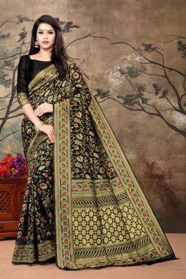 Ira Impex Floral Print Banarasi Silk Blend Saree(Black)