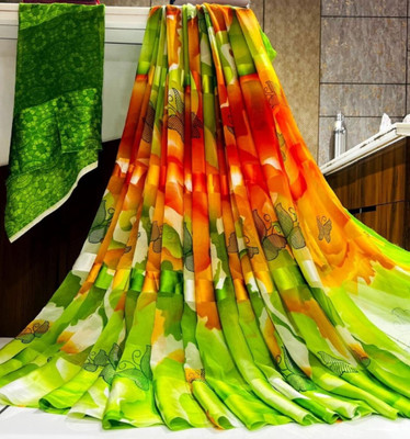 Bombey Velvat Fab Printed, Solid/Plain Kanjivaram Mulmul, Chiffon Saree(Green, Orange)