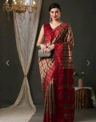 JK ETHNIC WEAR Self Design Chanderi Cotton Silk Saree(Grey, Red)
