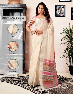 Samah Floral Print, Geometric Print, Embellished Daily Wear Linen Saree(Cream)