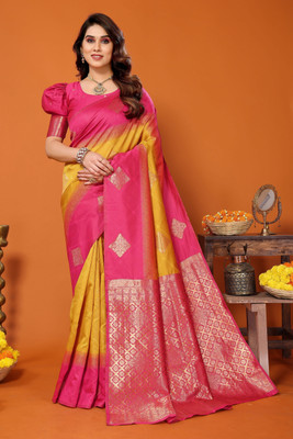 Soor Panchi Woven Kanjivaram Pure Silk Saree(Yellow)