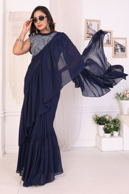 DWINIZAA STORE Solid/Plain Pre Draped Saree Georgette Saree(Dark Blue)