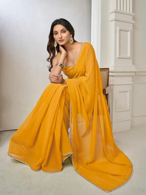 hanumant handwork Solid/Plain Bollywood Georgette Saree(Yellow)